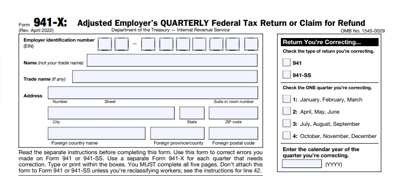 The top of IRS Form 941-X.