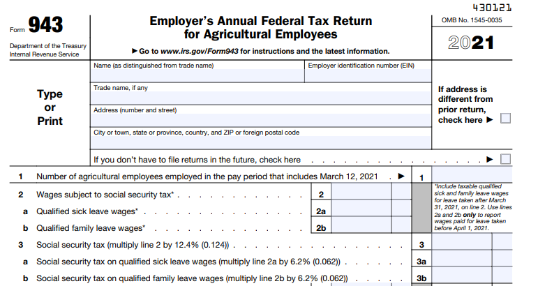 The top of IRS Form 943.