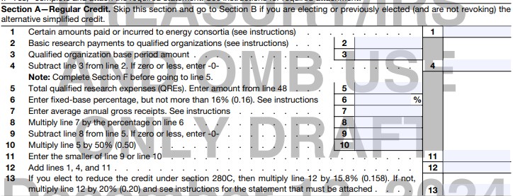 Financial analyst calculating regular credit on R&D Tax Credit Form 6765.