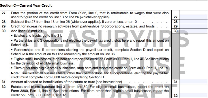 Summary table of calculated credits on R&D Tax Credit Form 6765.